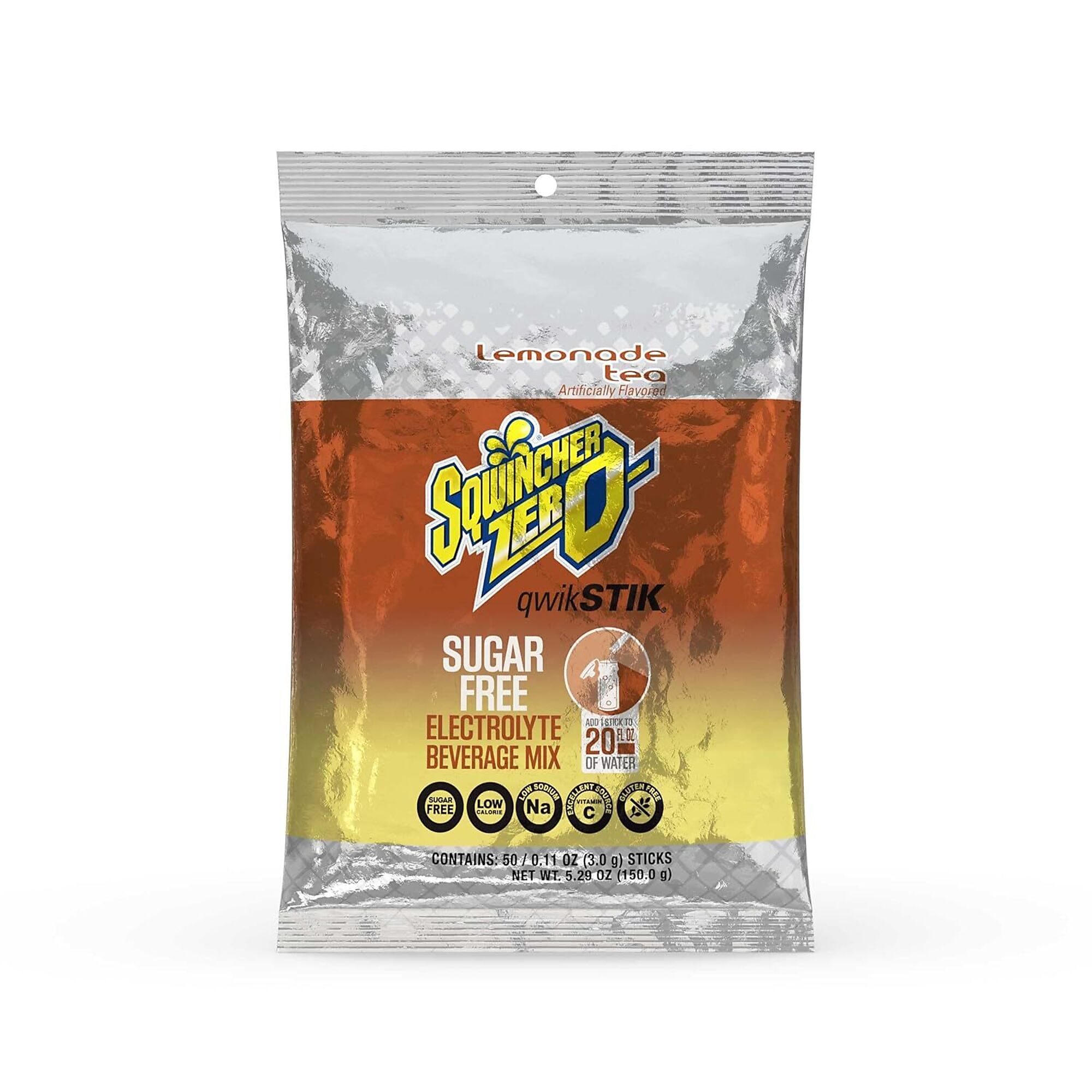 Sqwincher Zero Qwik Stik Sugar Free Electrolyte Powder Packets, Lemonade Tea, 0.11 oz, Makes 20 oz, 50 Count